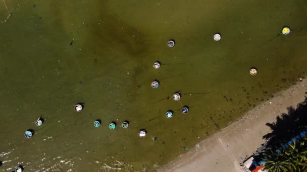 Tradicional Cesta Redonda Barcos Ancorados Perto Praia Vietnã — Vídeo de Stock