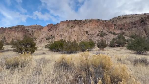 Pan Melintasi Emas Gunung Berapi Tuff Canyon Dinding Bandelier Monumen — Stok Video
