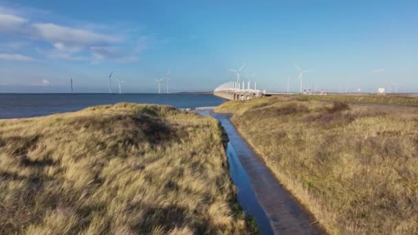 Luchtopname Een Pad Door Duinen Richting Oostschelde Stormvloedkering Zeeland Een — Stockvideo