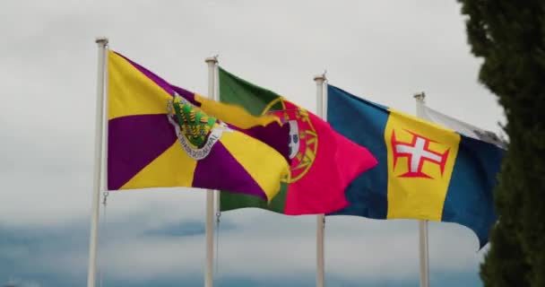 フンシャルシティ マデイラ島 ポルトガルの国旗が優しい風に揺れる ワイドショット — ストック動画