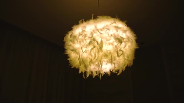Hanger Fluffy White Feather Lamp Shade Wit Licht Arc Shot — Stockvideo