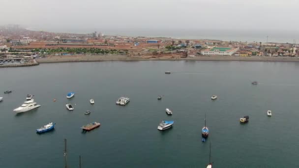 Drone Shot Callao District Shoreline Parked Boats Ships Peru — Stock Video