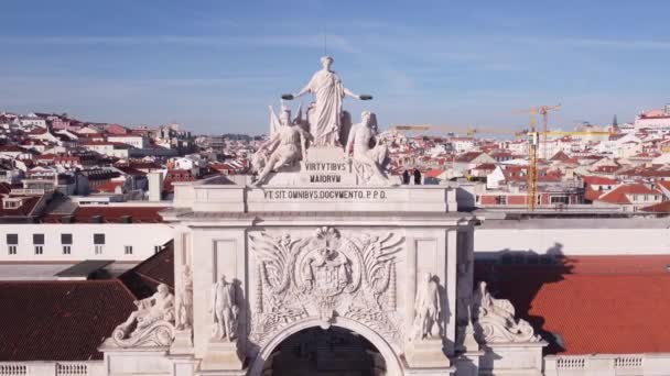 Zbliżenie Wycofanie Się Drona Leci Pobliżu Arco Rua Augusta Lizbonie — Wideo stockowe
