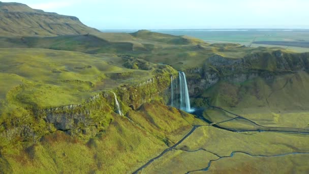 Seljalandsfoss Waterfall Panorama Wilderness Icelandic Landscape Aerial Descending — Stock Video