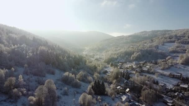 見事な霧氷の森白い木々小さな村見事な朝日の空中撮影 — ストック動画