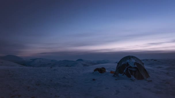 Camping Tent Snow Dawn Dovrefjell Mountain Range Norway Časový Limit — Stock video