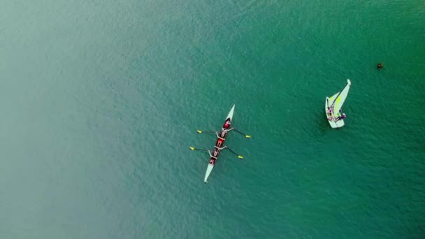 Ruder Und Segelboote Auf Dem Türkisfarbenen Ozean Aus Der Vogelperspektive — Stockvideo