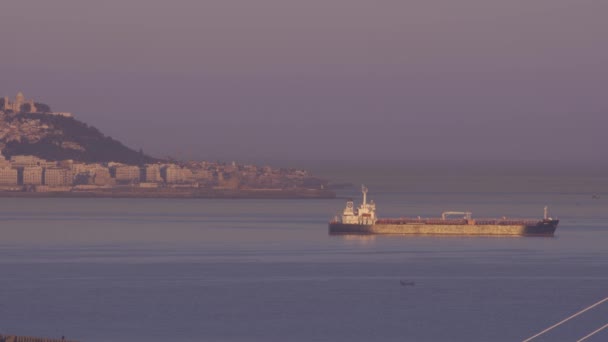 霧の多い冬の間の日の出のアルジェ港の眺め — ストック動画