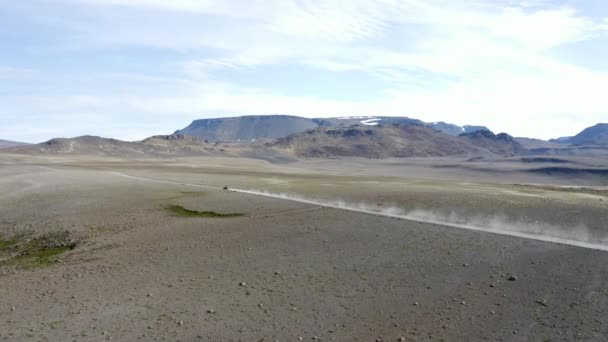 Aerial Drone View Tracking Truck Leaving Dust Cloud Raw Nature — Stock Video