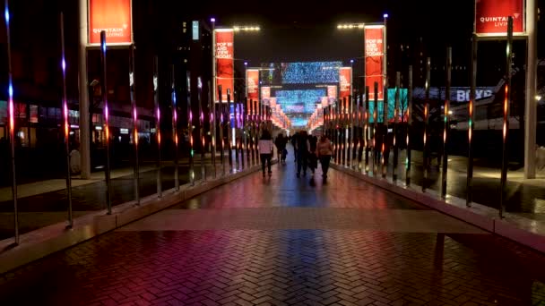 Touristen Besichtigen Farbenfrohe Abstrakte Lichtinstallation Beim Webley Park Winterfest — Stockvideo