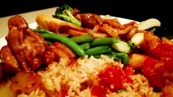 Gros Plan Cuisine Chinoise Authentique Assortiment Légumes Boeuf Poulet Sur — Video