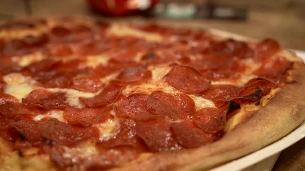 Fresh Pepperoni Pizza Out Oven Ready Eat Sliding Isolated Side — Stock Video