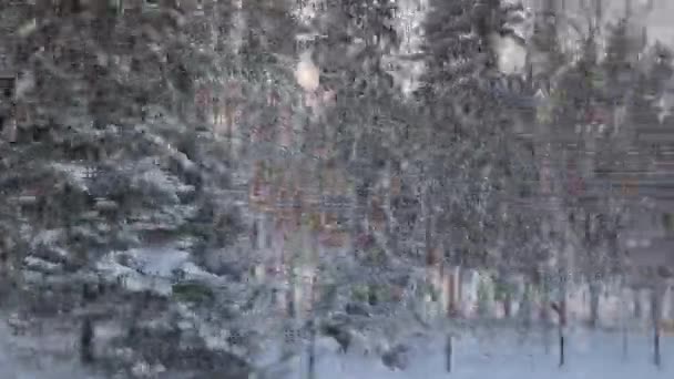 Zimní Disk Zasněžené Zemi Silnici Zvířecím Plotem Pohled Boku Okna — Stock video