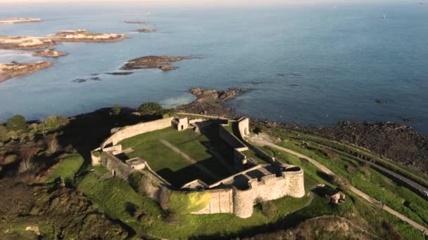 Drone Flight Vale Castle Guernsey Flying Out Sea Bright Sunny — Stock Video