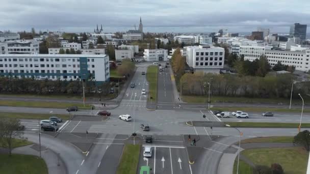 Traffic Crossing Crossroad Intersection Reykjavik Suburbs Aerial — Stock Video