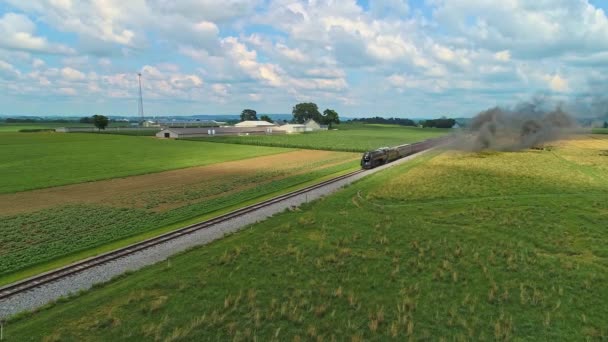 Aerial View Amish Farm Lands Steam Passenger Train Approaching Distance — Stock Video
