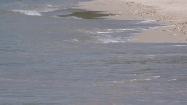 Mittlere Nahaufnahme Von Weißem Sandstrand Mit Sanft Auf Sand Plätscherndem — Stockvideo