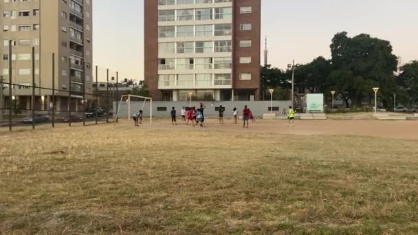 Group Children Playing Football Soccer Dirt Pitch — Stock Video