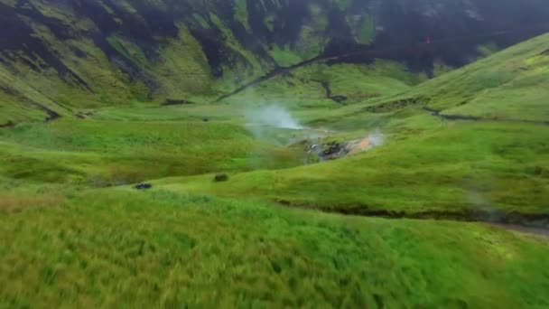 アイスランドの緑豊かな植生を持つレイキャダルル渓谷の蒸し水 — ストック動画