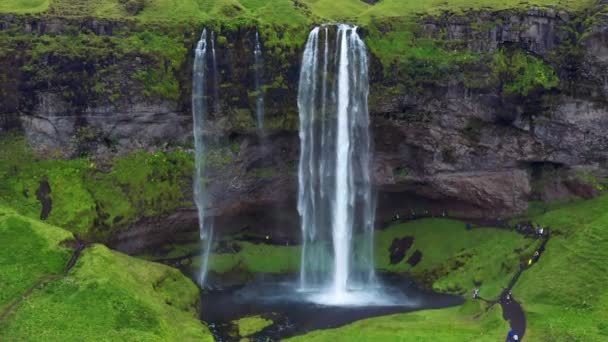 Panoramiczny Widok Wodospad Seljalandsfoss Kilku Turystycznych Trekking Regionie Południowym Islandia — Wideo stockowe