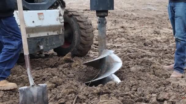 Construction Worker Shovels Watch Hydraulic Auger Mounted Skid Steer Loader — Stock Video