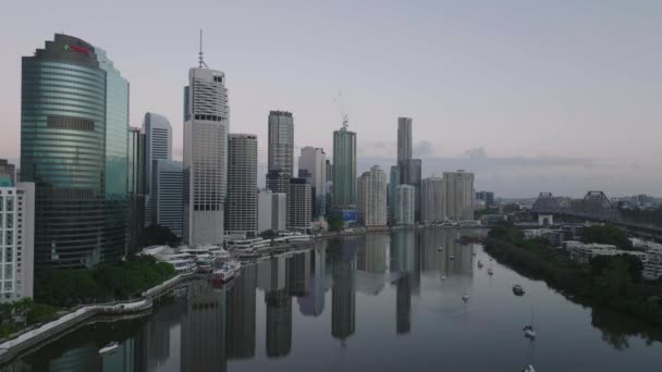 Cinematic Drone Flying Brisbane City Sunrise — Stock Video