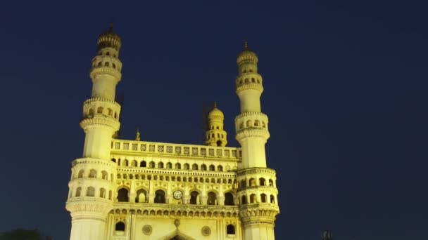 Close Gestage Opname Van Beroemde Charminar Monument Nachts Hyderabad India — Stockvideo