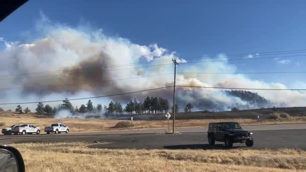 2021年12月30日 コロラド州での大規模な野火 草の木と重い煙を燃焼させることによって道路上のレンジャーズ車 — ストック動画