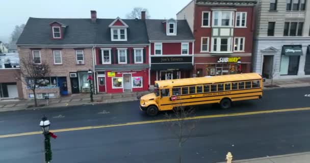 Żółty Autobus Szkolny Przejeżdża Przez Miasto Zimą Świąteczne Dekoracje Mieście — Wideo stockowe