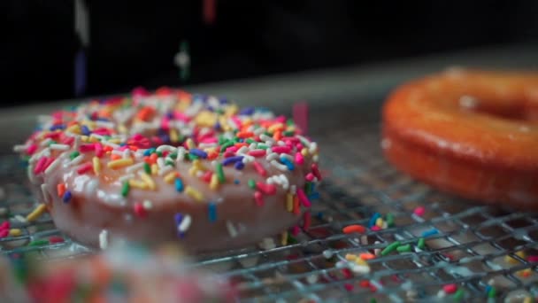 Besproeiende Regenboog Strooit Verse Donuts — Stockvideo