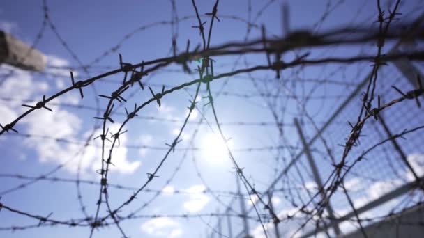 Sluneční Paprsky Prosvítají Vězeňským Ostnatým Plotem — Stock video