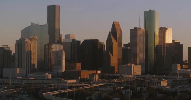 Vista Aérea Del Centro Houston Durante Atardecer — Vídeos de Stock