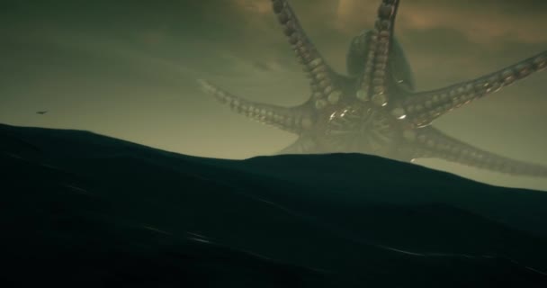 Animation Man Flies Giant Alien Octopus Middle Outer Space Sky — Stock Video