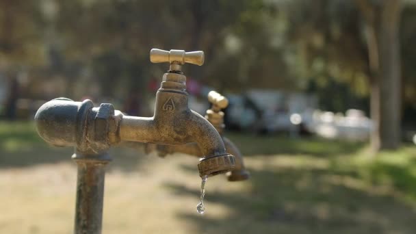 Tropfender Wasserhahn Einem Heißen Sommertag Mittlerer Schuss — Stockvideo