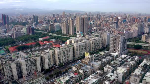 Aerial View Residential Area Blocks Taipei City Skyline Background Cloudy — Stock Video