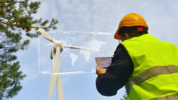 Ingénieur Éolien Collectant Les Données Utilisation Une Éolienne Hud Render — Video