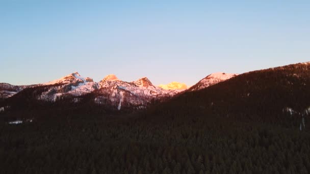 Nature Captured Drone Landscape Mountains Covered Snow Golden Hour Sunrise — Stock Video