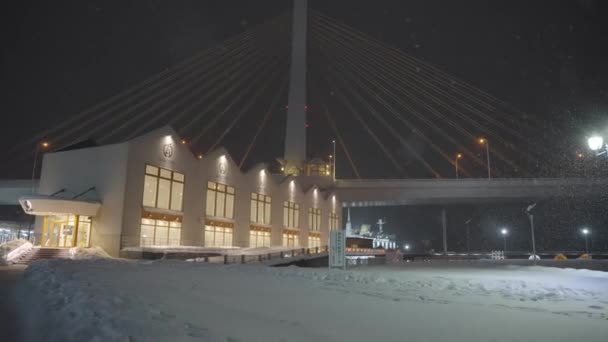 Aomori Park Nocy Mostem Tle Opady Śniegu Zimie Japonia — Wideo stockowe