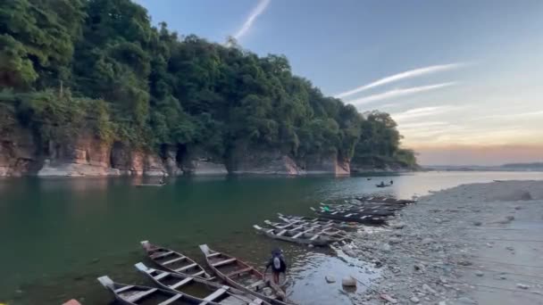 Unrecognizable Tourist Boats Moored Banks Dawki River India Gimbal — Stock Video