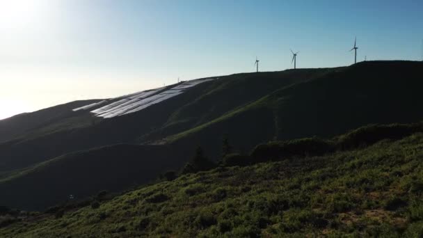 Wind Turbines Solar Panels Sunny Hill Madeira Island Portugal Drone — Stock Video