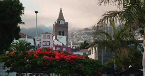 Scenic View Funchal Cathedral Tower Cafeteria Foreground Madeira Portugal — Stock Video