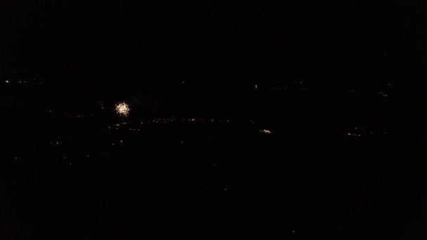 Fireworks City Dark Night Celebration Scene Copy Space Aerial Pan — Stock Video