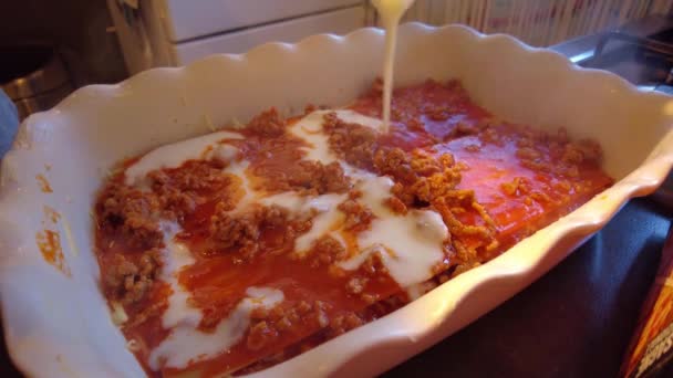 Bechamel Sauce Being Poured Top Hot Bolognese Lasagne Dish Cheese — Stock Video
