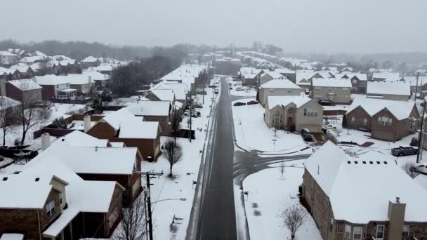 Snöig Amerikansk Grannskap Flyover Nerför Gata — Stockvideo