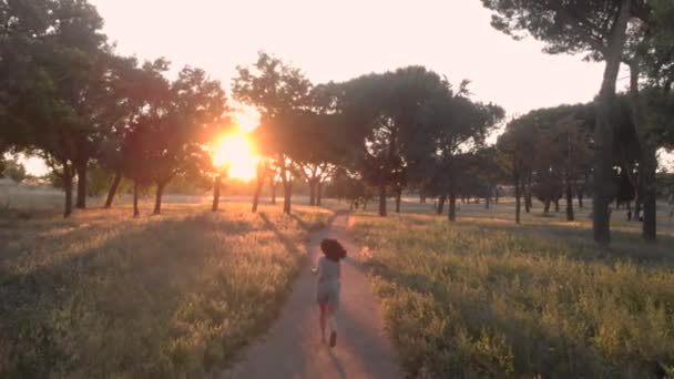 Chica Corriendo Verde Parque Roma Día Verano Sol Puesta Del — Vídeo de stock