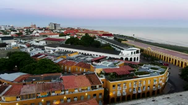 Koloniale Architectuur Historische Ommuurde Stad Cartagena Colombië Drone — Stockvideo