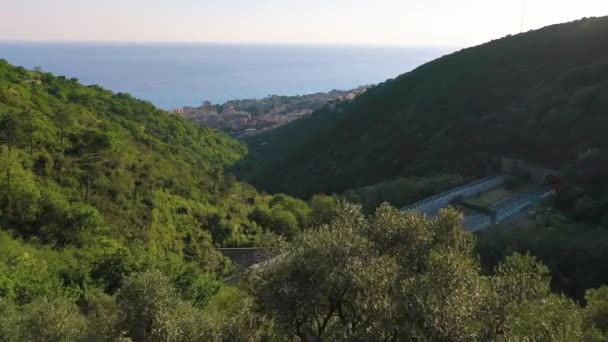 Letecký Pohled Výhledem Provoz Tunelu Mostě Autostrada E80 Nervi Janova — Stock video