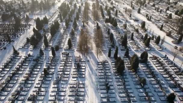 Disparo Aéreo Sobre Enorme Cementerio Filas Rectas Tumbas Cubiertas Nieve — Vídeos de Stock
