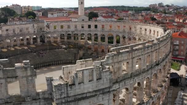 Ancient Roman Arena Pula Ístria Croácia Tiro Drone Aéreo — Vídeo de Stock