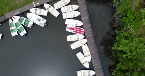 Luftaufnahme Von Kleinen Booten Die Holzsteg See Festgemacht Haben Aufstieg — Stockvideo
